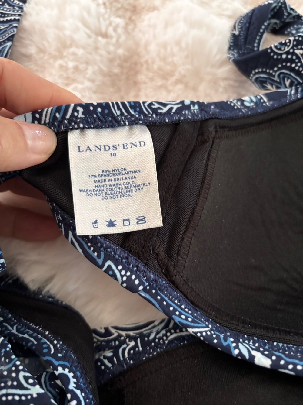 Lands' End Navy, Light Blue and White Paisley Swim Top with Lace Trim - Picture 6 of 6